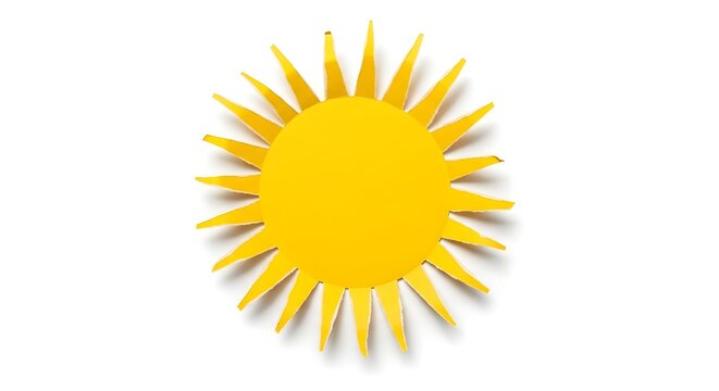 A bright yellow sun icon with sharp rays isolated on a plain white background for summer design projects