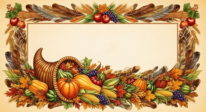Decorative thanksgiving frame featuring a cornucopia filled with autumn harvest vegetables and colorful fall foliage background