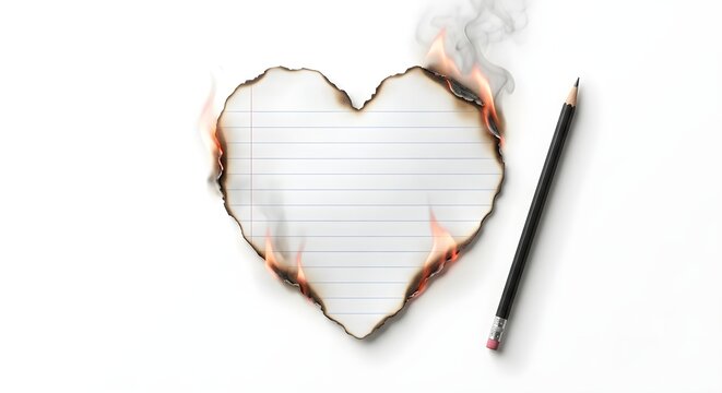 Heart-shaped lined paper with burnt edges, flames and smoke, accompanied by a black pencil on a white background.