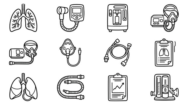Medical Respiratory Equipment Icons: Lungs, Ventilator, CPAP Machine, Mask, Tubes