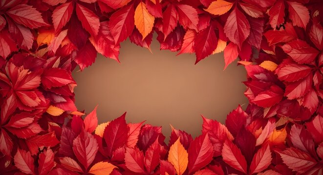 Vibrant red autumn leaves forming a circular frame with a copy space in the center for text