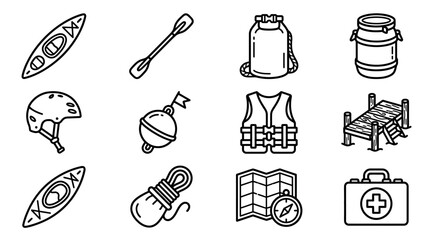 Kayaking and Watersports Gear Icons: Kayak, Paddle, Helmet, Buoy, Life Vest, Dock © Sugar