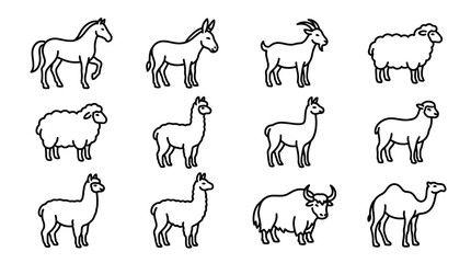 Fototapeta premium Collection of Farm Animal Icons: Horse, Donkey, Goat, Sheep, Llama, Yak, Camel