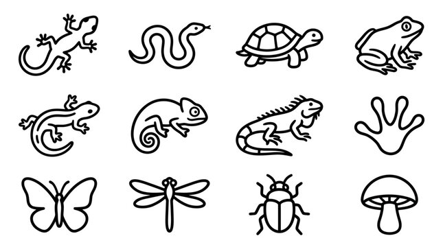Cute Cartoon Amphibians, Reptiles, and Insects Icons Set