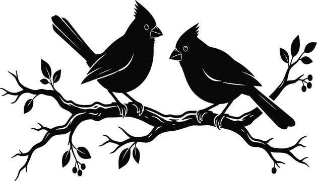 Black silhouette of two birds perched on branch with leaves nature wildlife vector illustration minimal design