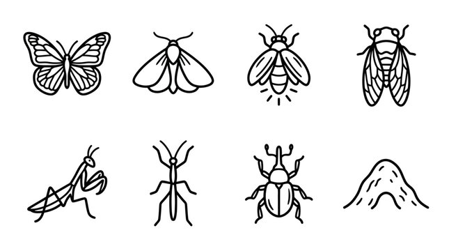 Collection of Insect Icons: Butterfly, Moth, Firefly, Cicada, Praying Mantis, Stick Insect, Beetle, Ant Hill