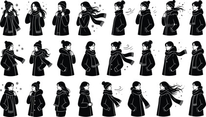 Black silhouette winter women collection wearing coats scarves and hats stylish cold weather female poses vector illustration set