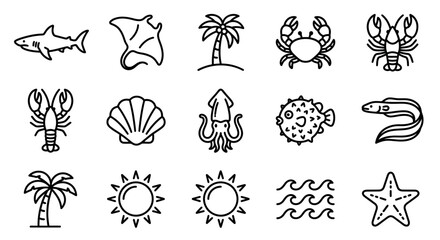 Ocean Life Icons: Shark, Stingray, Crab, Lobster, Squid, Fish, Seashell, Eel, Palm Tree, Sun, Waves © keenan