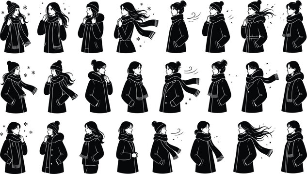 Black silhouette winter women collection wearing coats scarves and hats stylish cold weather female poses vector illustration set