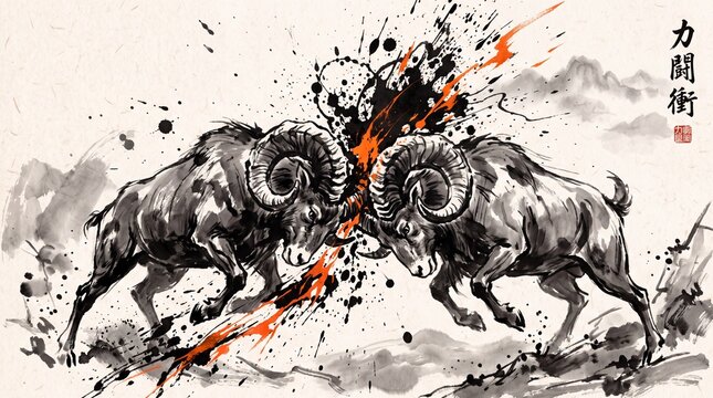 Ink Wash Painting of Two Rams Clashing