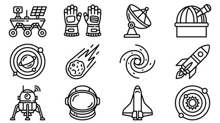 Space Icons: Rocket, Astronaut, Rover, Satellite, Galaxy, Spaceship, Comet © Sugar