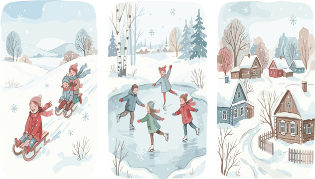 Winter holiday vector banners set featuring children sledding down hills ice skating on a frozen pond and snow covered village houses