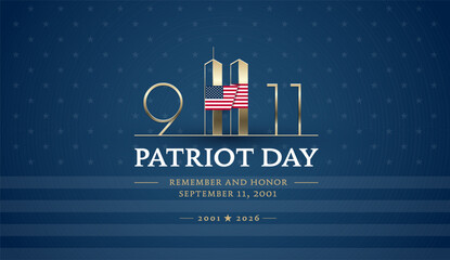 Patriot Day 9/11 Memorial illustration with USA flag, golden 911 design, Patriot Day typography on blue background. Remember and Honor September 11 2001 - 2026, vector illustration © forestgraphic