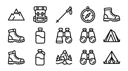 Fototapeta premium Hiking and Camping Icons: Backpack, Boots, Tent, Compass, Binoculars, Mountains, Water Bottle