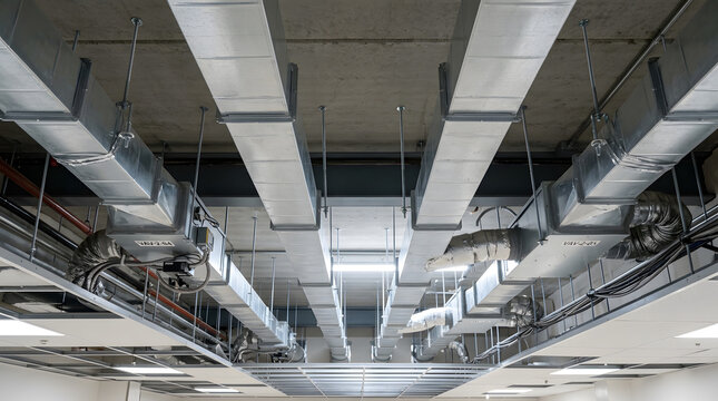 Industrial HVAC ductwork installation | Commercial air conditioning ventilation system | Ceiling mounted metal air ducts and VAV boxes | Mechanical building services