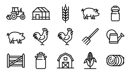 Farm Icons Set: Tractor, Barn, Pig, Chicken, Hay Bale, Wheat, Pitchfork, Watering Can © keenan