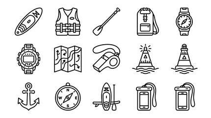 Water Sports Equipment Icons: Kayak, Life Vest, Paddle, Backpack, Compass, Watch © Sugar