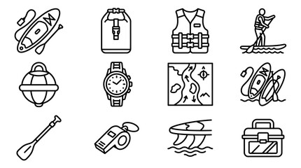 Stand Up Paddleboard Gear Icons: Kayak, Paddle, Life Vest, Watch, Map, Buoy, Whistle, Tackle Box © Sugar