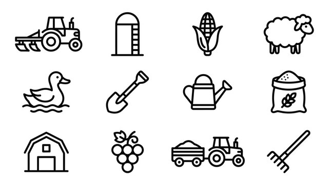 Farm Icons Set: Tractor, Barn, Sheep, Duck, Corn, Grapes, Tools, Silo