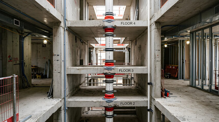 Obraz premium modern high-rise building construction site interior | vertical plumbing pipe installation with fire collars | multi-story concrete floor structure under development | commercial building MEP