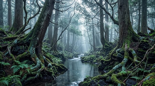 Mystical Forest Stream: Ancient, moss-covered trees with gnarled roots flank a serene stream flowing through a misty, enchanting forest. The atmosphere is ethereal and deeply tranquil.