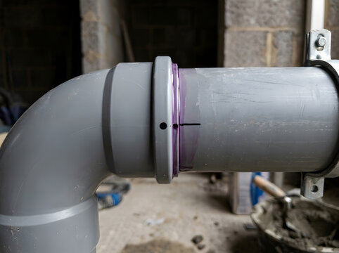 PVC pipe plumbing installation close-up | Grey plastic drainage pipe joint with purple primer | Plumbing repairs in residential construction | Plastic wastewater pipe alignment and fitting