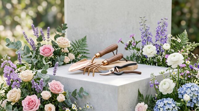Elegant Garden Tools and Assorted Flowers Displayed on Concrete Pedestals