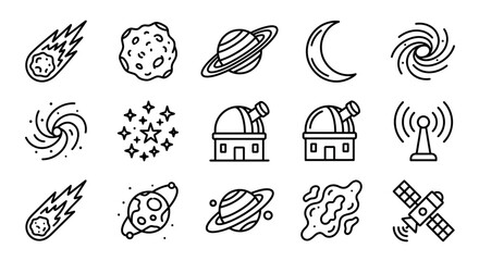 Space Icons: Planets, Comets, Galaxies, Stars, Moon, Nebula, Telescope, Satellite, Antenna © keenan