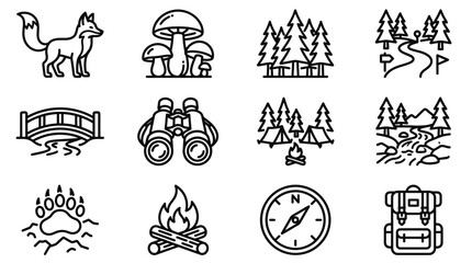 Obraz premium Outdoor Adventure Icons: Fox, Forest, Camping, Hiking, Nature Symbols Set