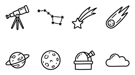 Hand-drawn icons of space and astronomy: telescope, constellation, shooting star, comet, planet, moon, observatory, cloud. © keenan