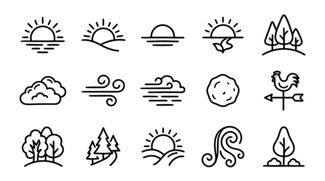 Nature Weather Icons: Sun, Clouds, Wind, Trees, Rooster
