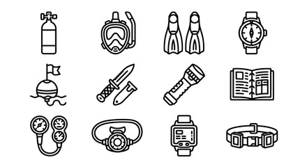 Scuba Diving Equipment Icons Set: Mask, Fins, Tank, Watch, Knife, Light, Compass, Buoy © Sugar