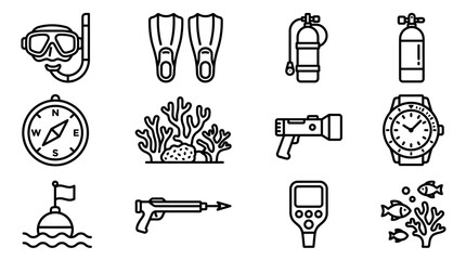 Scuba Diving Equipment Icons Set: Mask, Fins, Tanks, Compass, Coral, Speargun, Watch, Buoy © Sugar