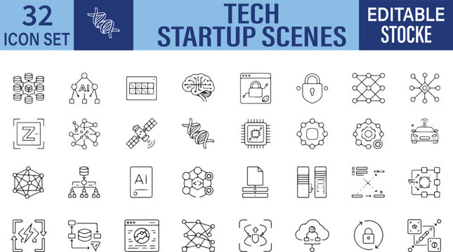 ech Startup Vector Outline Icons Set &ndash; AI, Innovation, SaaS and Digital Technology Line Symbols Collection