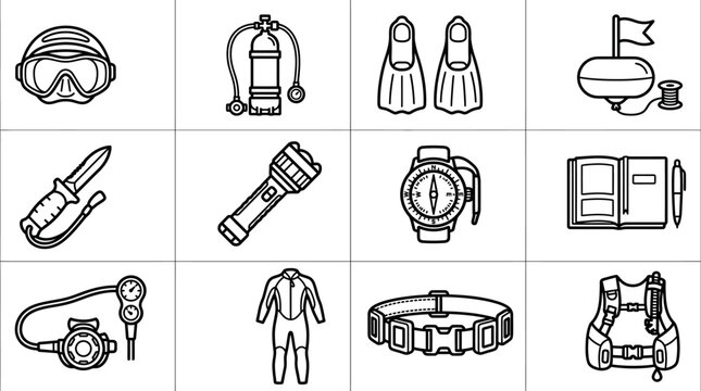 Scuba Diving Gear Icons Set: Mask, Tank, Fins, Knife, Light, Compass, Wetsuit, BCD