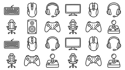 Gaming Setup Icons: Keyboard, Mouse, Headset, Monitor, Chair, Speaker, Controller, Joystick © keenan