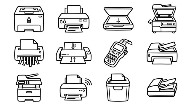 Office Technology Icons: Printers, Scanners, Copiers, Shredders, Fax Machines