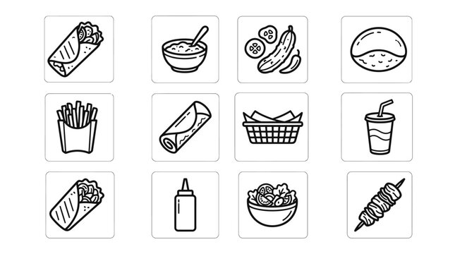Fast Food Icons Set: Shawarma, Fries, Drink, Kebab, Salad, Sauce, Bread
