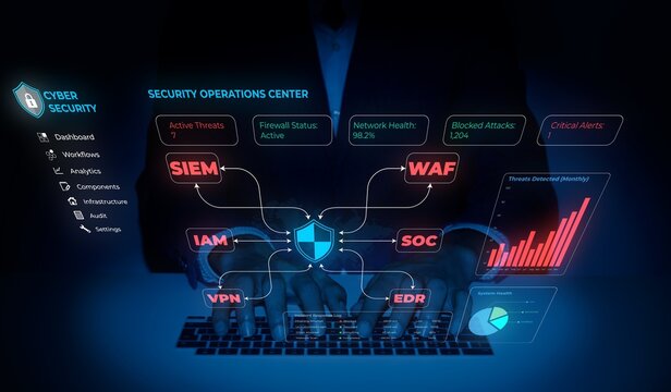 Security operations center dashboard. Cyber security analyst monitoring digital network data.
