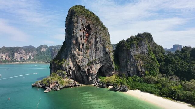 Aerial view of limestone cliff and tropical beach at Railay, Krabi, Thailand