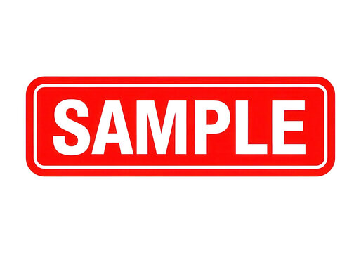 Red sample rubber stamp icon, rectangular watermark sign with white text, bold office seal for document verification and product demonstration