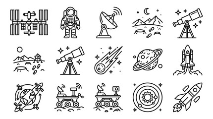 Space Exploration Icons: Astronaut, Rocket, Satellite, Planets, Telescope, Rover © Sugar