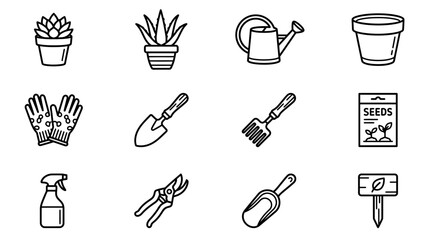 Fototapeta premium Gardening Icons Set: Plants, Tools, Watering Can, Seeds, Gloves, Pots