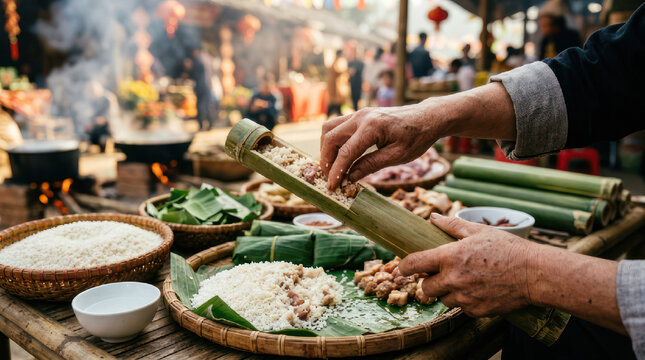 Hands preparing traditional food wrapped in bamboo leaves at a market.