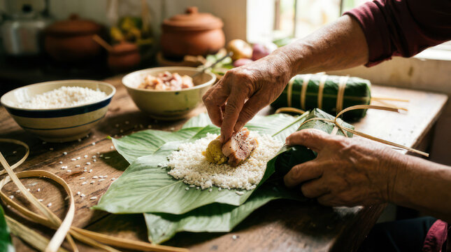 Hands preparing traditional Vietnamese food wrapped in banana leaves.