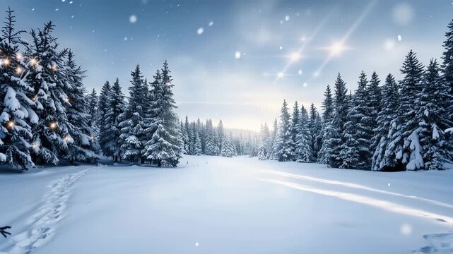 Enchanting winter forest landscape with snowcovered pine trees and magical sparkling lights at sunset 4k video
