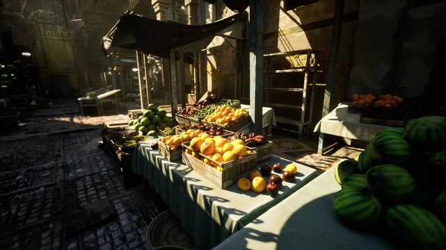 Colorful spice souk market stall piled with ripe fruit under canvas awnings sunlit cobblestone aisle, wooden crates, melons and citrus on display, vendor