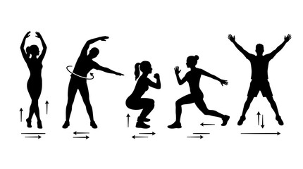 Obraz premium Fitness exercise silhouettes with motion arrows, workout instruction icons for gym training, black human figures performing squats and jumping jacks