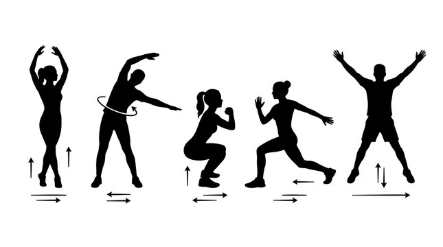 Fitness exercise silhouettes with motion arrows, workout instruction icons for gym training, black human figures performing squats and jumping jacks