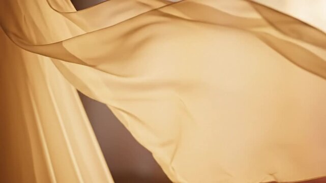 Graceful golden fabric gently blowing in the wind with soft lighting and flowing textures